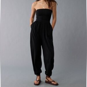 American Eagle Black SUNCHASER KNIT SMOCKED TUBE JUMPSUIT
